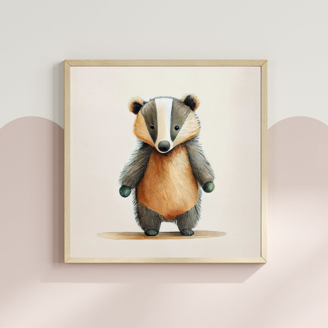 Scandi Watercolour Woodland Badger Nursery Premium Print