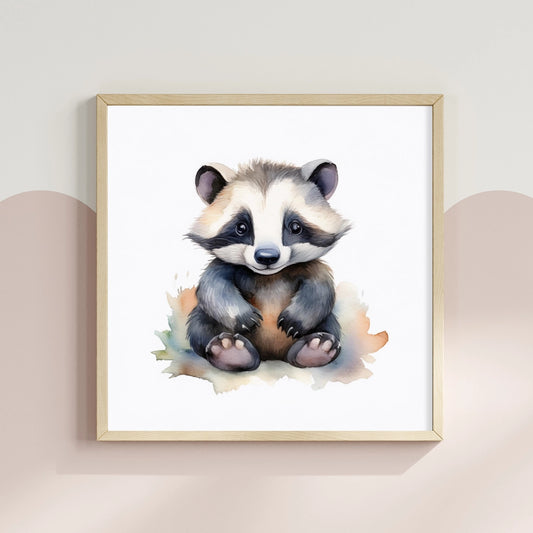 Cute Badger Bear Watercolour Nursery Print