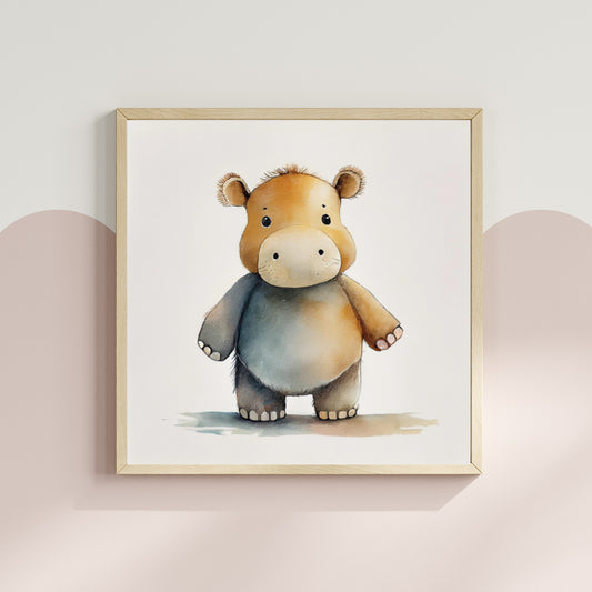 Scandi Watercolour Safari Hippo Nursery Premium Print